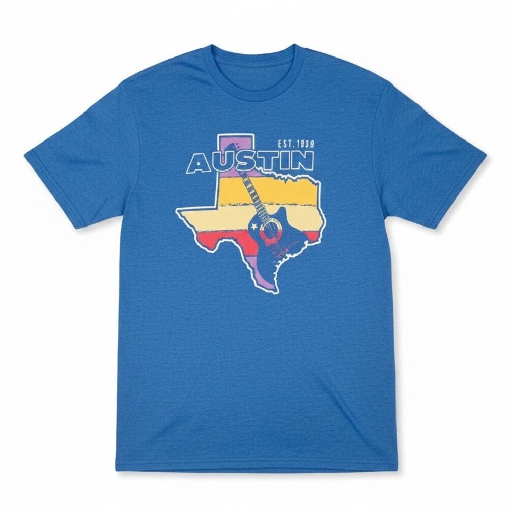 Austin Texas Live Free Men's Medium Heather Royal Blue Guitar Music T-Shirt NWT